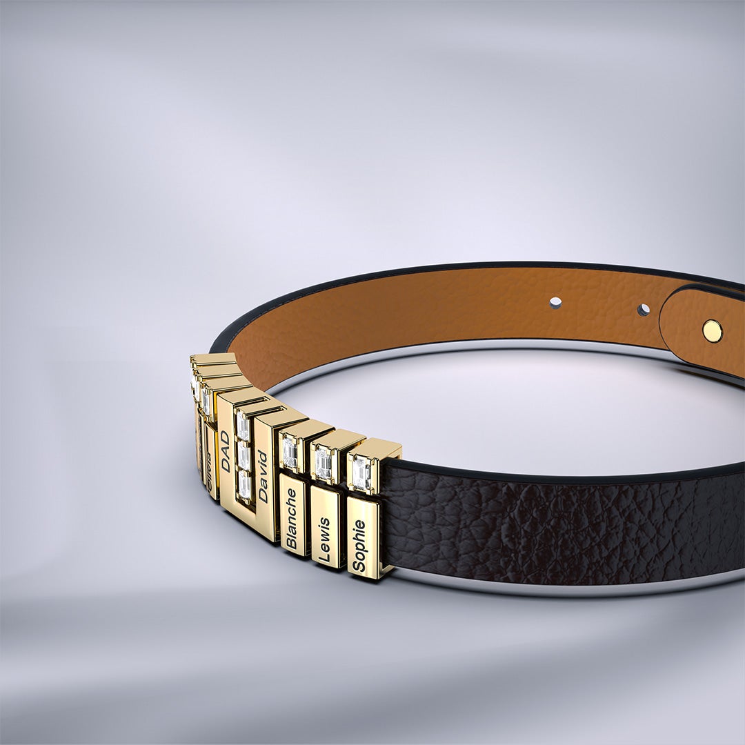 Men's Personalized Leather Bracelet With Adjustable Diamond Beads Rose Gold Plated Stainless Steel For Father's Day