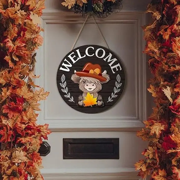 35pcs Highland Cow Sign Interchangeable Welcome Sign with Magnet Detachable Hats Accessories Cute Gnome Wooden Sign Hanging for Halloween Holiday Seasonal Decorations Birthday Party Home Wall Office Living Room Garden Farmhouse Porch