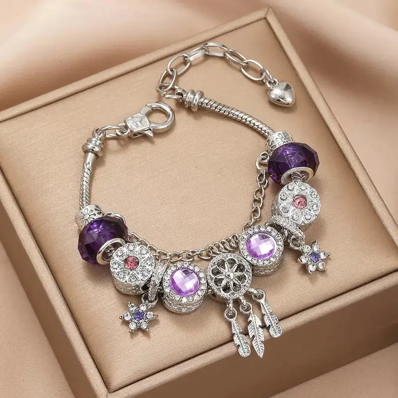 DIY Beaded Charm Bracelet for Women & Girls Cute Ocean Shell Floral Heart Pendant Beaded Bracelet Trendy Bangle Gift Jewelry