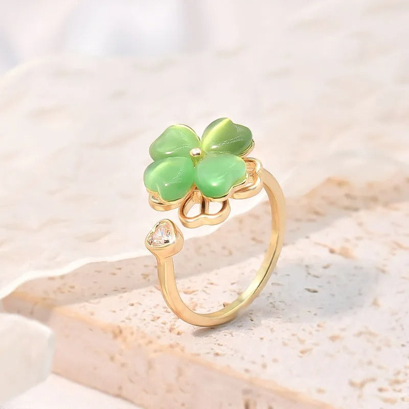 Cat's Eye Four Leaf Clover  Love Anxiety Worry Fidget Spinner Ring