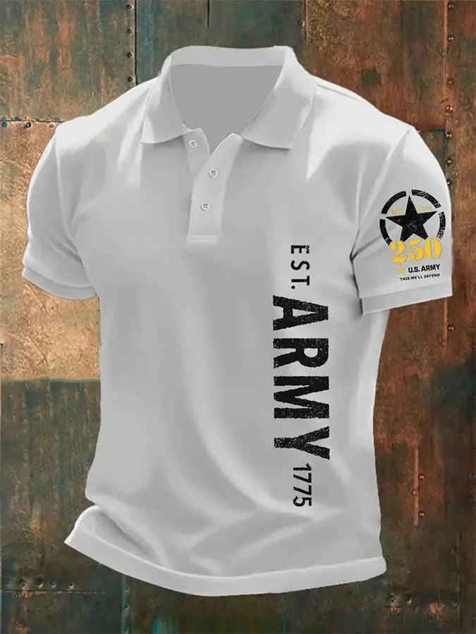 Man's Vintage U.S. Army 250th Anniversary This We'll Defend Est.1775 Printed Polo Shirt