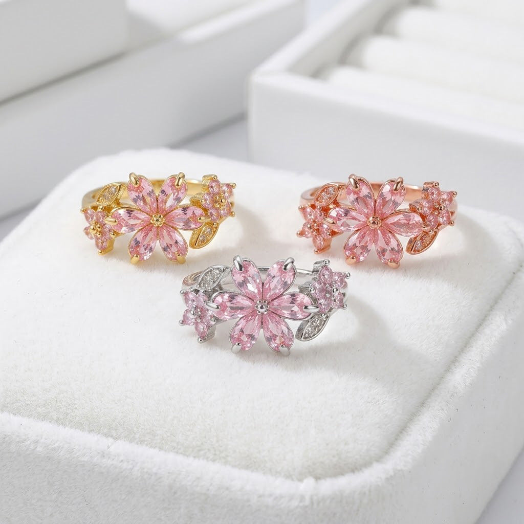 Elegant Pink Zircon Flower Open Ring 18K Gold Plated Copper Floral Adjustable Ring Sparkling Cherry Blossom Statement Ring Gift for Women