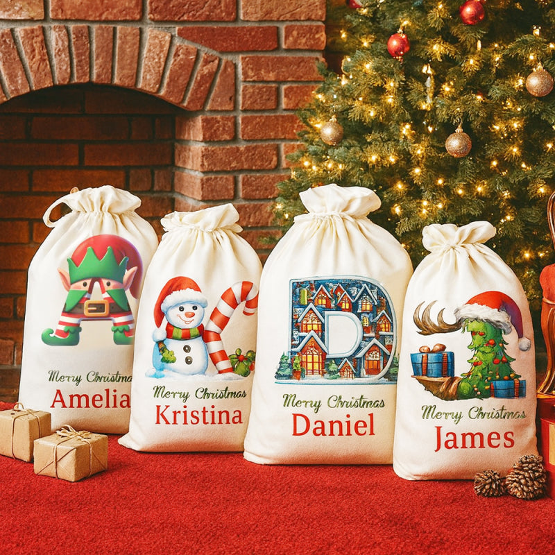 Custom Christmas Alphabet Canvas Gift Bag Tree Snowman Elf Igloo Drawstring Bag with Name Initial Favors Gift for Kids