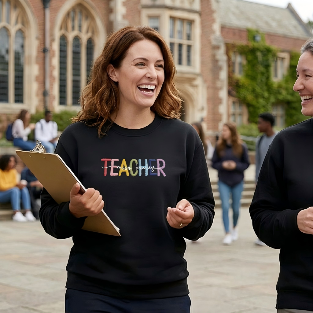 Personalized Multicolor Embroidered Teacher T-Shirt Sweatshirt Hoodiewith Custom Name Back-to-School Gift for Teachers