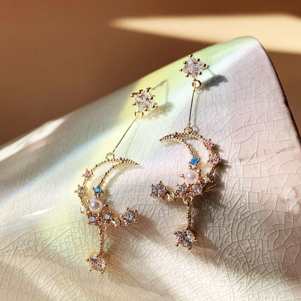 Moon and Star Celestial Pearl Night Sky Drop Earrings