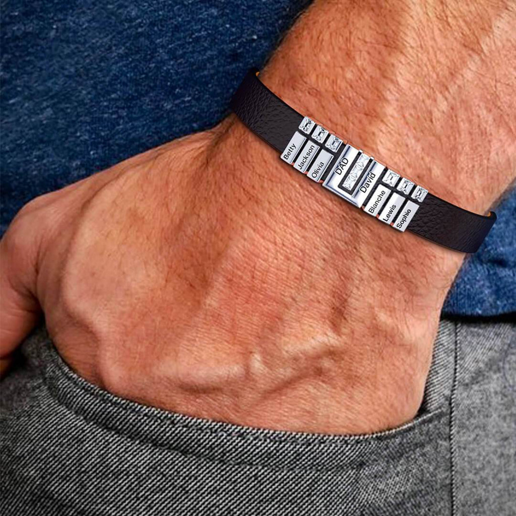 Men's Personalized Leather Bracelet With Adjustable Diamond Beads Rose Gold Plated Stainless Steel For Father's Day