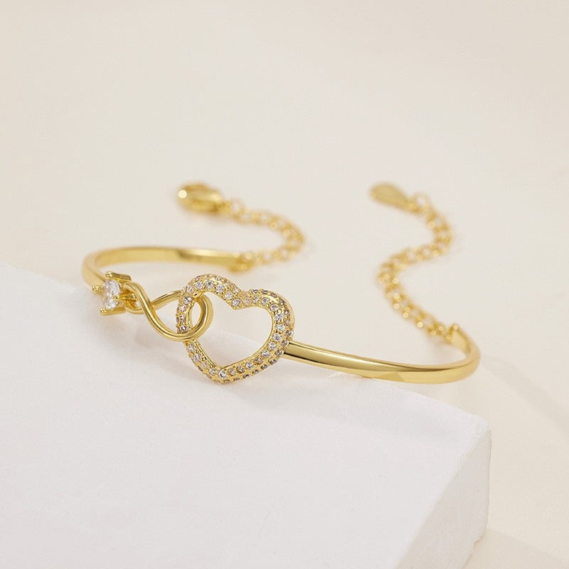 Sparkling Infinity Heart Bangle Bracelet for Women Silver Plated Cubic Zirconia Interlocking Endless Love Heart Cuff Bracelet Adjustable Commuter Jewelry Gift