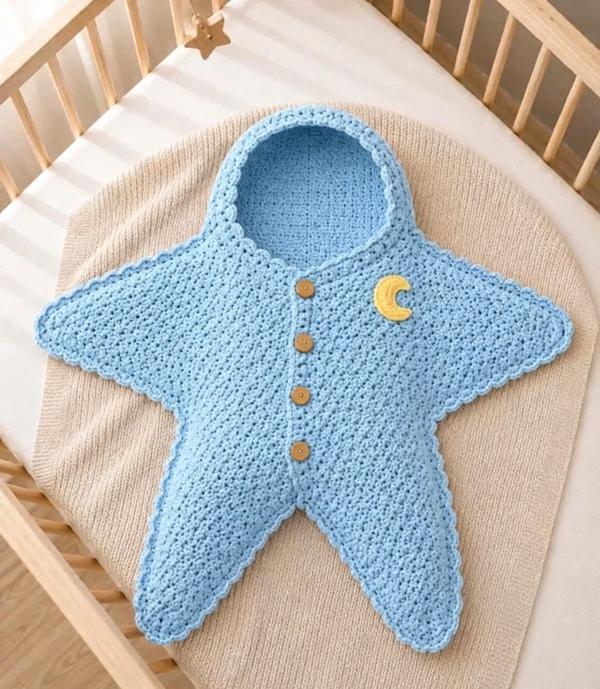 Crescent Moon Star Baby Light Blue Swaddle Blanket Crochet Hooded Sleep Sack for Newborns