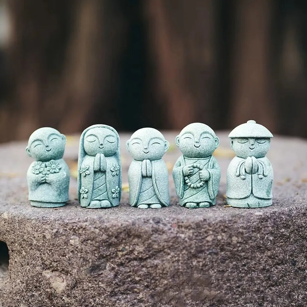 Handcrafted Stone Zen Jizo Statue Full Set