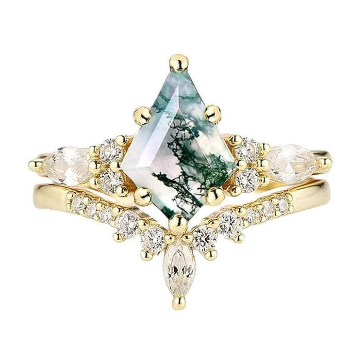 Moss Agate Engagement Ring Set Kite Cut Natural Moss Agate Bridal Ring Set Rose Gold Curved Stacking Wedding Band 2-Piece Vintage Jewelry Set for Women