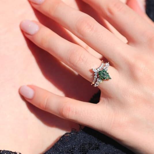 Moss Agate Engagement Ring Set Kite Cut Natural Moss Agate Bridal Ring Set Rose Gold Curved Stacking Wedding Band 2-Piece Vintage Jewelry Set for Women
