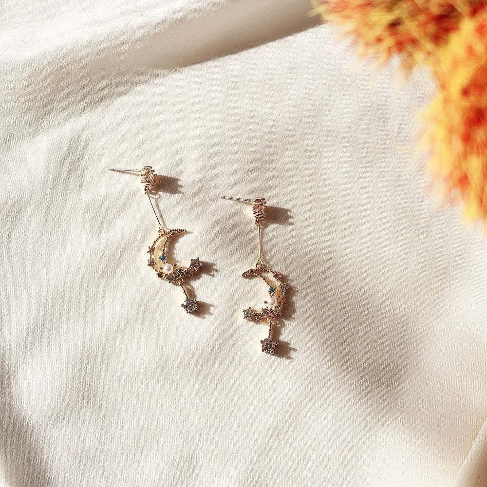 Moon and Star Celestial Pearl Night Sky Drop Earrings