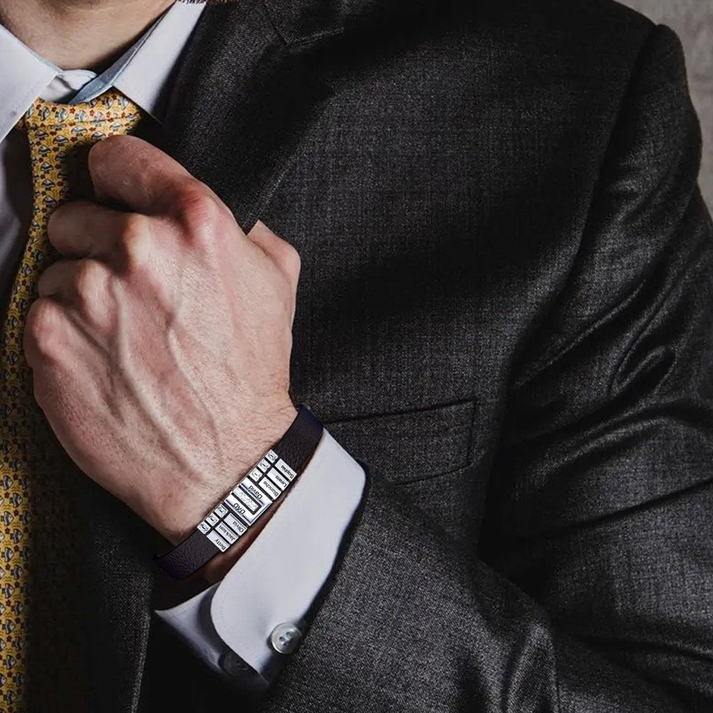 Men's Personalized Leather Bracelet With Adjustable Diamond Beads Rose Gold Plated Stainless Steel For Father's Day