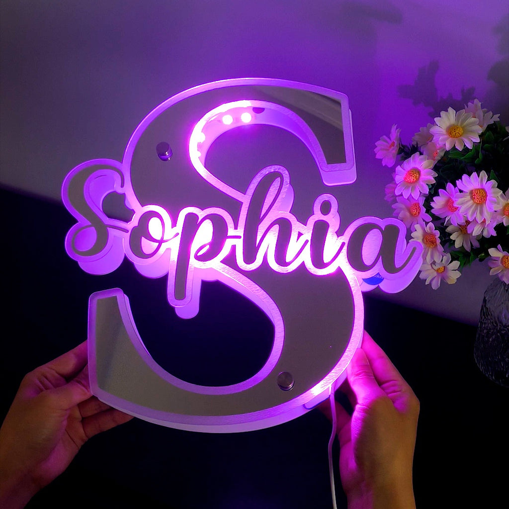 Personalized Name Letter Mirror Light Name Mirror Sign Custom LED illuminated Light-Up Bedroom Sign Gift For Kids