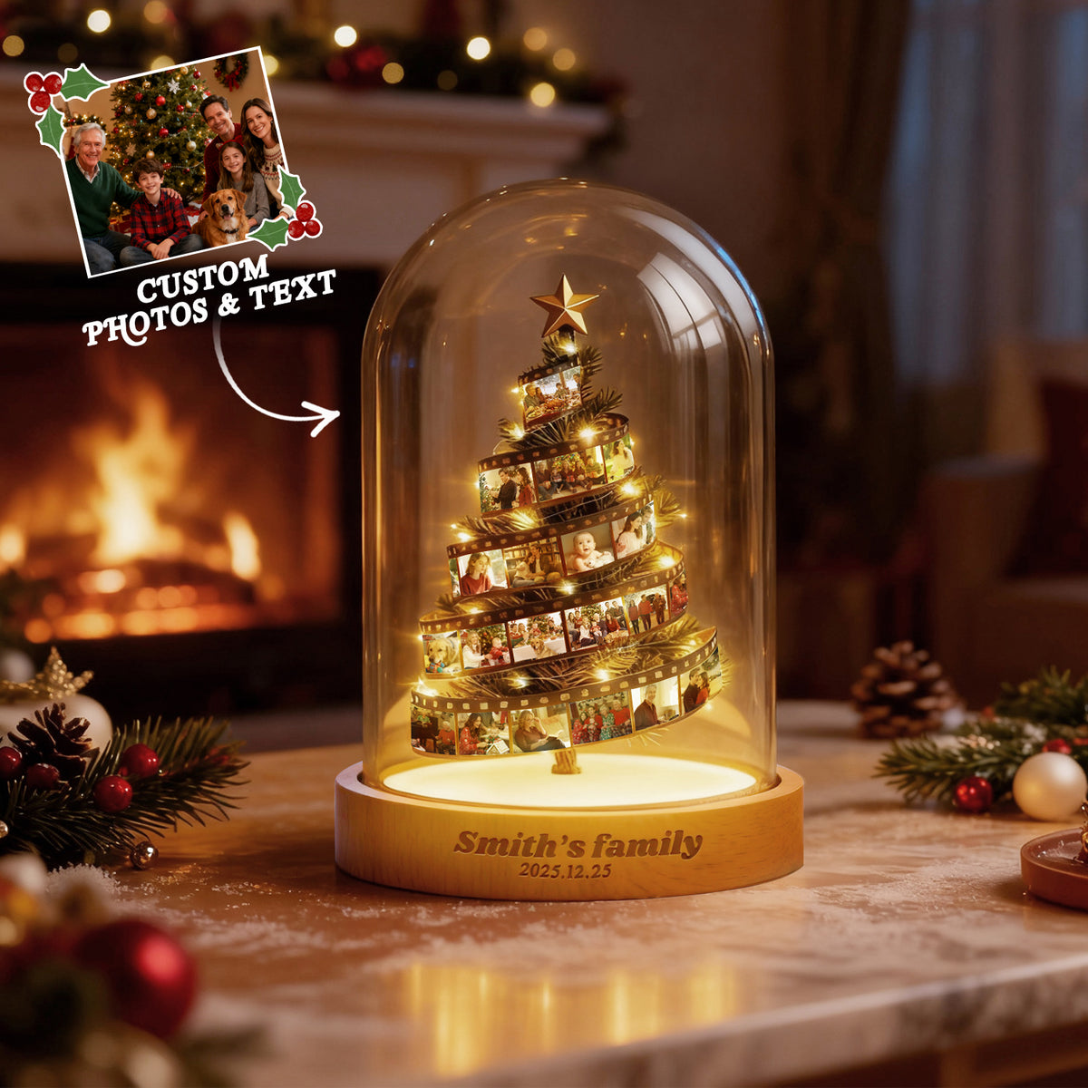 Custom Photo Film Christmas Tree Night Light Personalized Family Lamp Keepsake with Engraved Base Christmas Gift