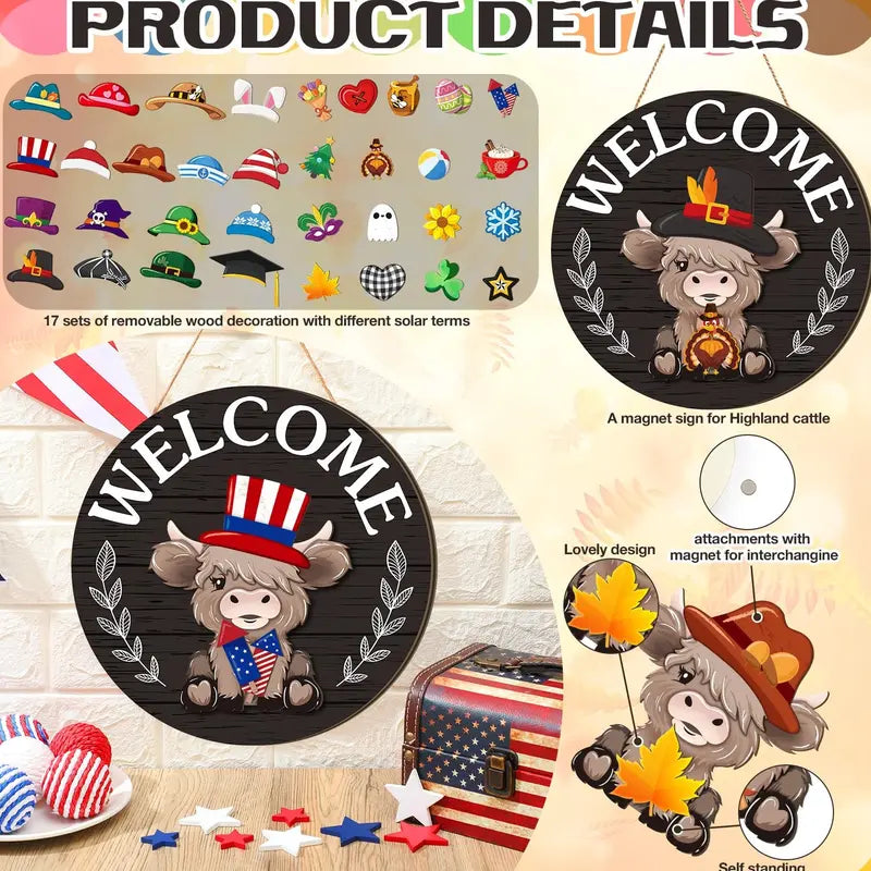35pcs Highland Cow Sign Interchangeable Welcome Sign with Magnet Detachable Hats Accessories Cute Gnome Wooden Sign Hanging for Halloween Holiday Seasonal Decorations Birthday Party Home Wall Office Living Room Garden Farmhouse Porch