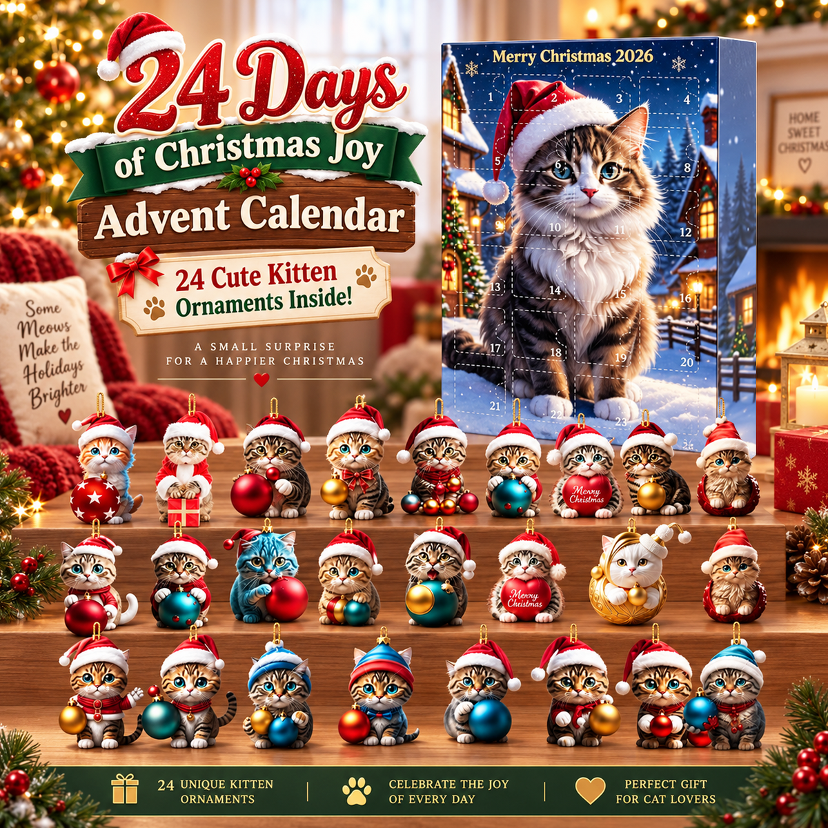 Cute Kitten Christmas Countdown Calendar – 24-Piece Acrylic Ornament Set for Holiday Tree Decor & Gifts