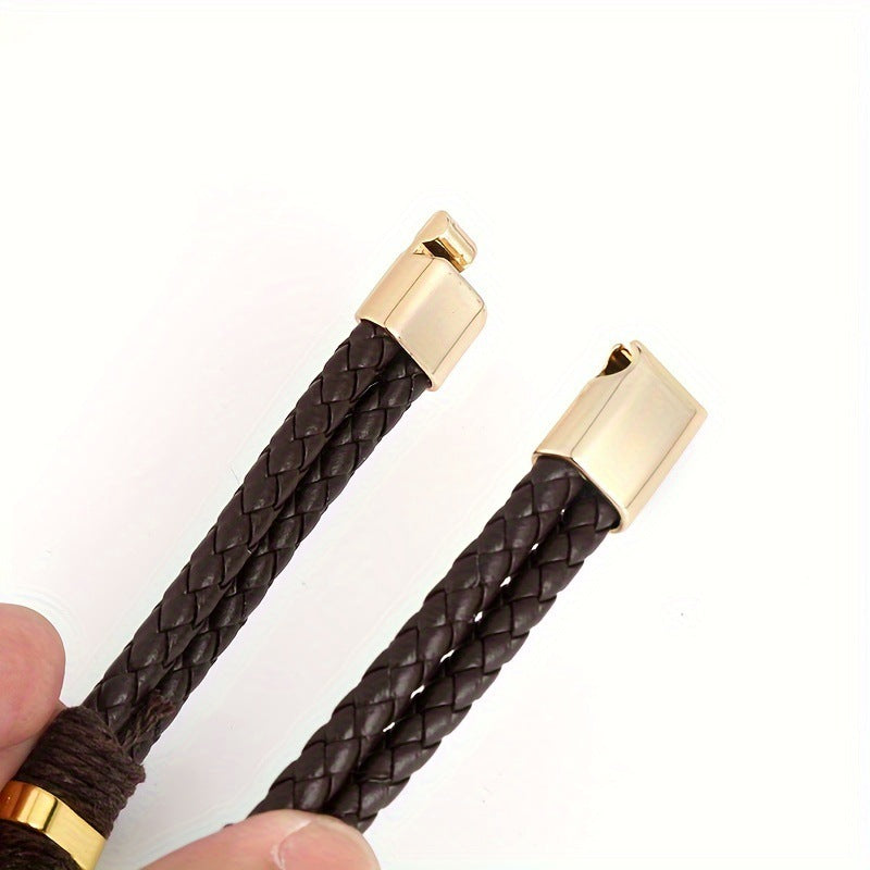 Men's Braided Leather Style Bracelet Handmade Layered Cord Wristband with Textured Metal Clasp Modern Minimalist Casual Jewelry Gift for Men