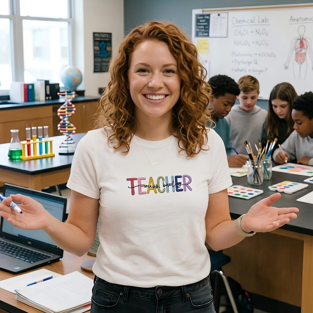 Personalized Multicolor Embroidered Teacher T-Shirt Sweatshirt Hoodiewith Custom Name Back-to-School Gift for Teachers