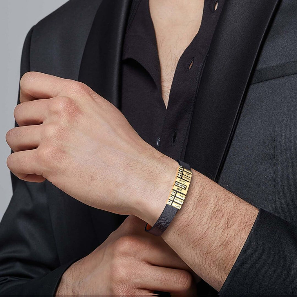 Men's Personalized Leather Bracelet With Adjustable Diamond Beads Rose Gold Plated Stainless Steel For Father's Day