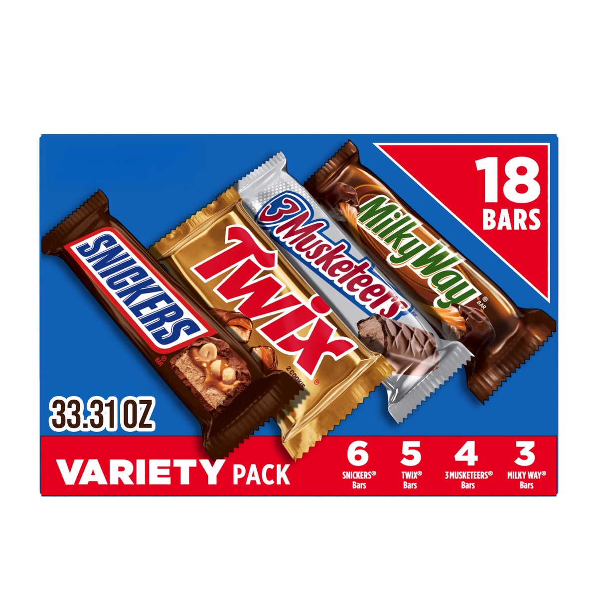 SNICKERS, TWIX, 3 MUSKETEERS, MILKY WAY Full Size Back to School Chocolate Bar Variety Pack, 18 ct B