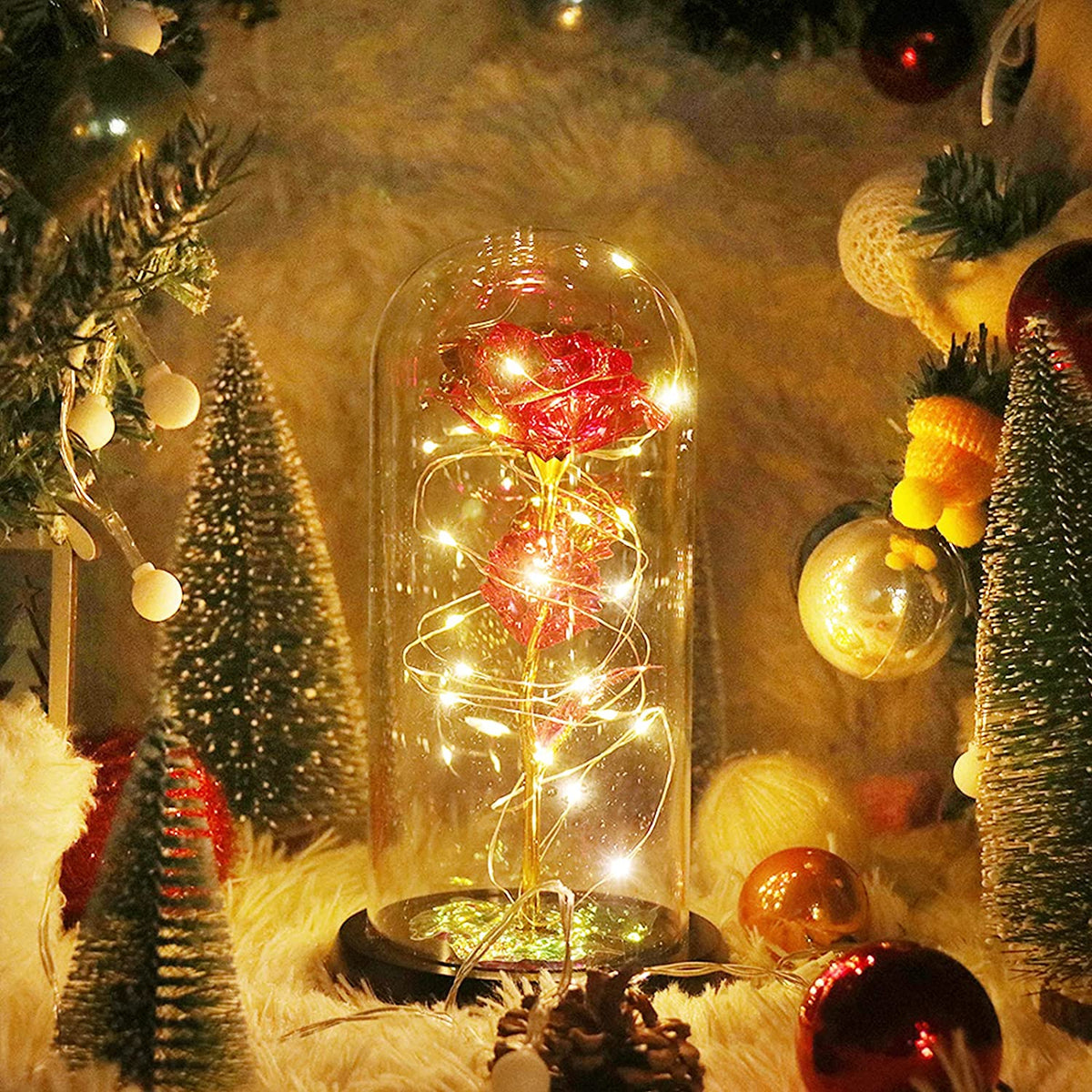 Romantic Simulation Eternal Red Flower Glass Cover LED  Micro Landscape Gifts at Christmas,  Valentine's Day and Anniversary