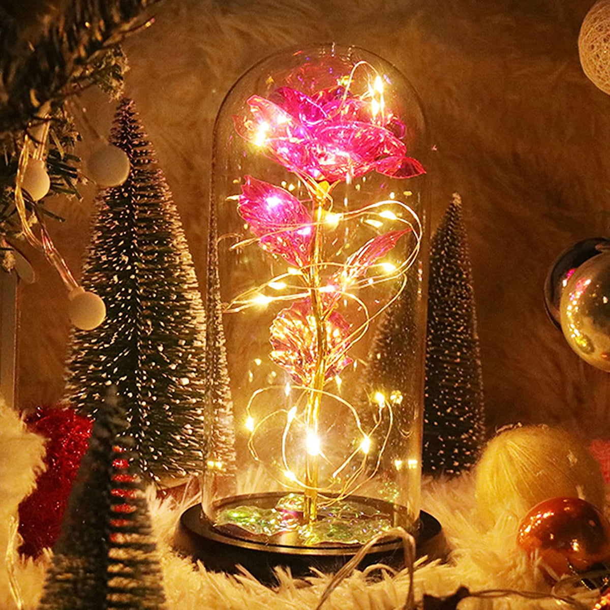 Romantic Simulation Eternal Pink Flower Glass Cover LED  Micro Landscape Gifts at Christmas,  Valentine's Day and Anniversary