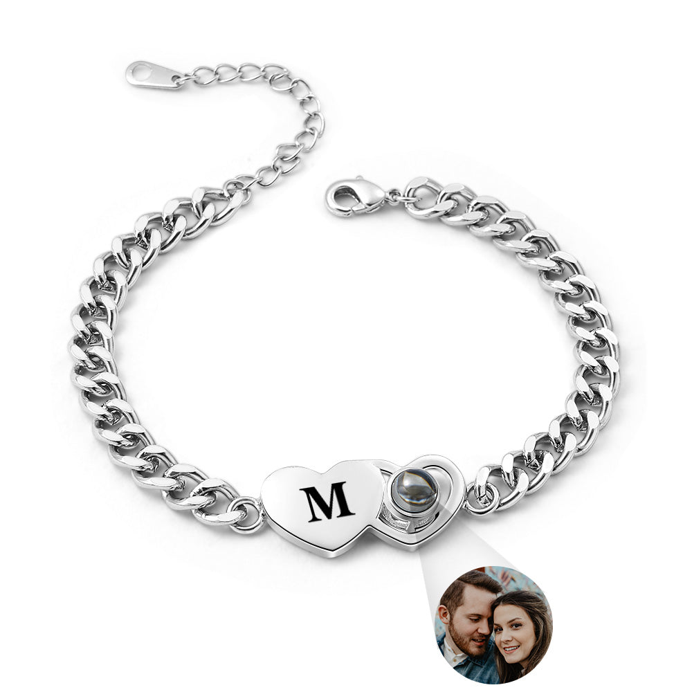 Custom Bracelet Personalized Photo Projection Bracelet Heart-Shaped Cuban Chain Bracelet Best Christmas Gift For Couples