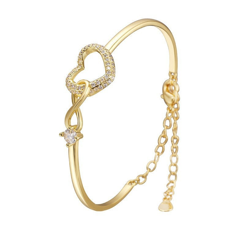 Sparkling Infinity Heart Bangle Bracelet for Women Silver Plated Cubic Zirconia Interlocking Endless Love Heart Cuff Bracelet Adjustable Commuter Jewelry Gift