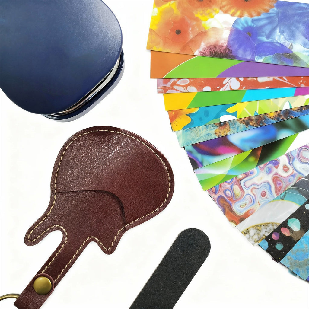 DIY Guitar Pick Punch Maker Kit Heavy-Duty Pick Cutter Tool Set with Pick Strips Leather Keyring Holder & File Unique Musical Gift for Guitarists