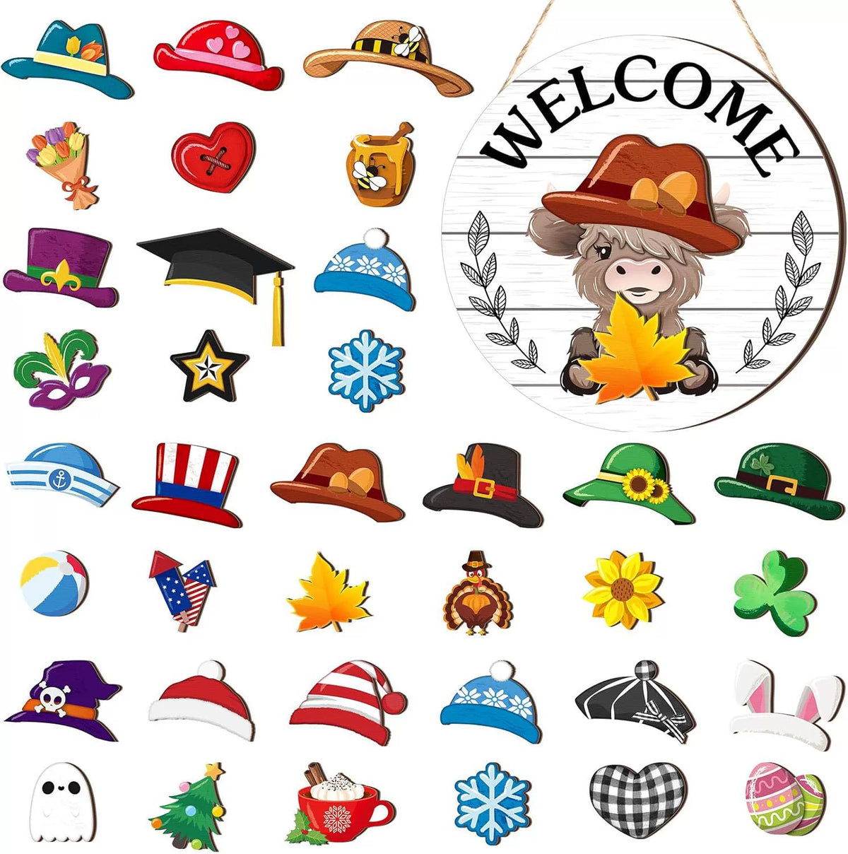 35pcs Highland Cow Sign Interchangeable Welcome Sign with Magnet Detachable Hats Accessories Cute Gnome Wooden Sign Hanging for Halloween Holiday Seasonal Decorations Birthday Party Home Wall Office Living Room Garden Farmhouse Porch