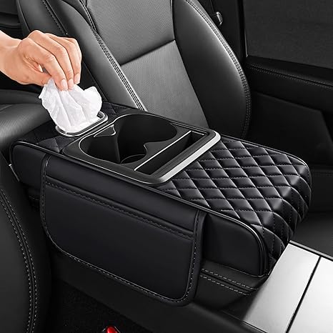 Custom Name 5 in 1 Nappa Leather Console Armrest Cover, Black | Built-in cup holder, tissue slot, phone holder & 2 storage pockets, practical car accessories fit SUV sedan truck