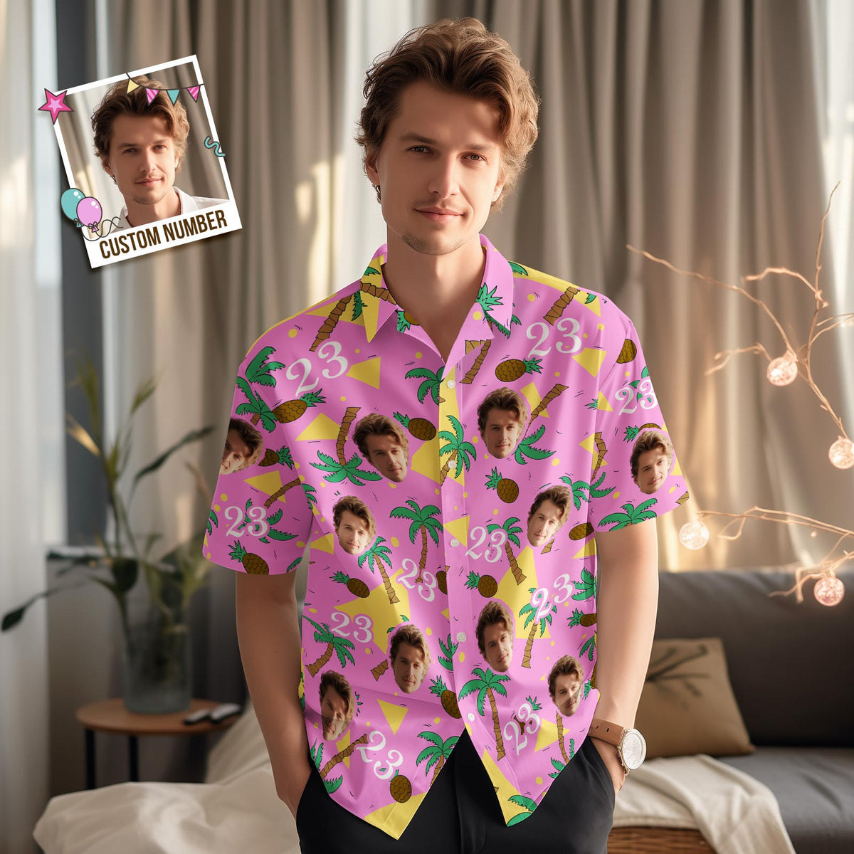Custom Multi-color Face and Numbers Hawaiian Shirt Coconut Tree and Pineapple Gifts