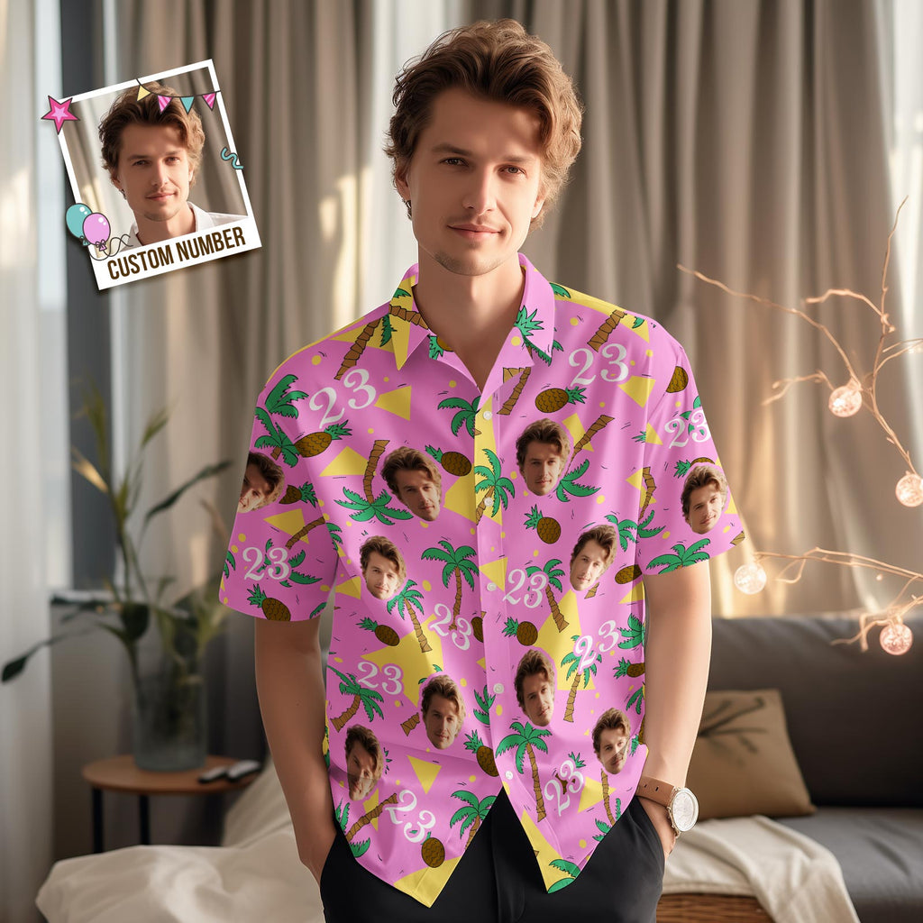 Custom Multi-color Face and Numbers Hawaiian Shirt Father's Day Birthday Present Coconut Tree and Pineapple Gift for Dad