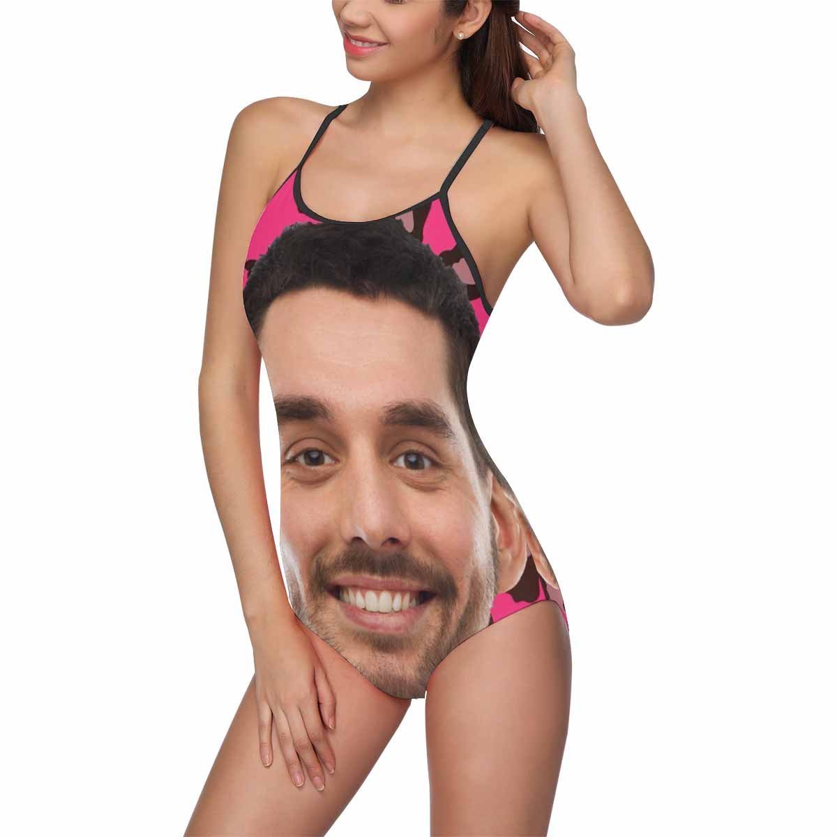 Custom Face Swimwear Women's Photo Slip One Piece Swimsuit - Pink Background