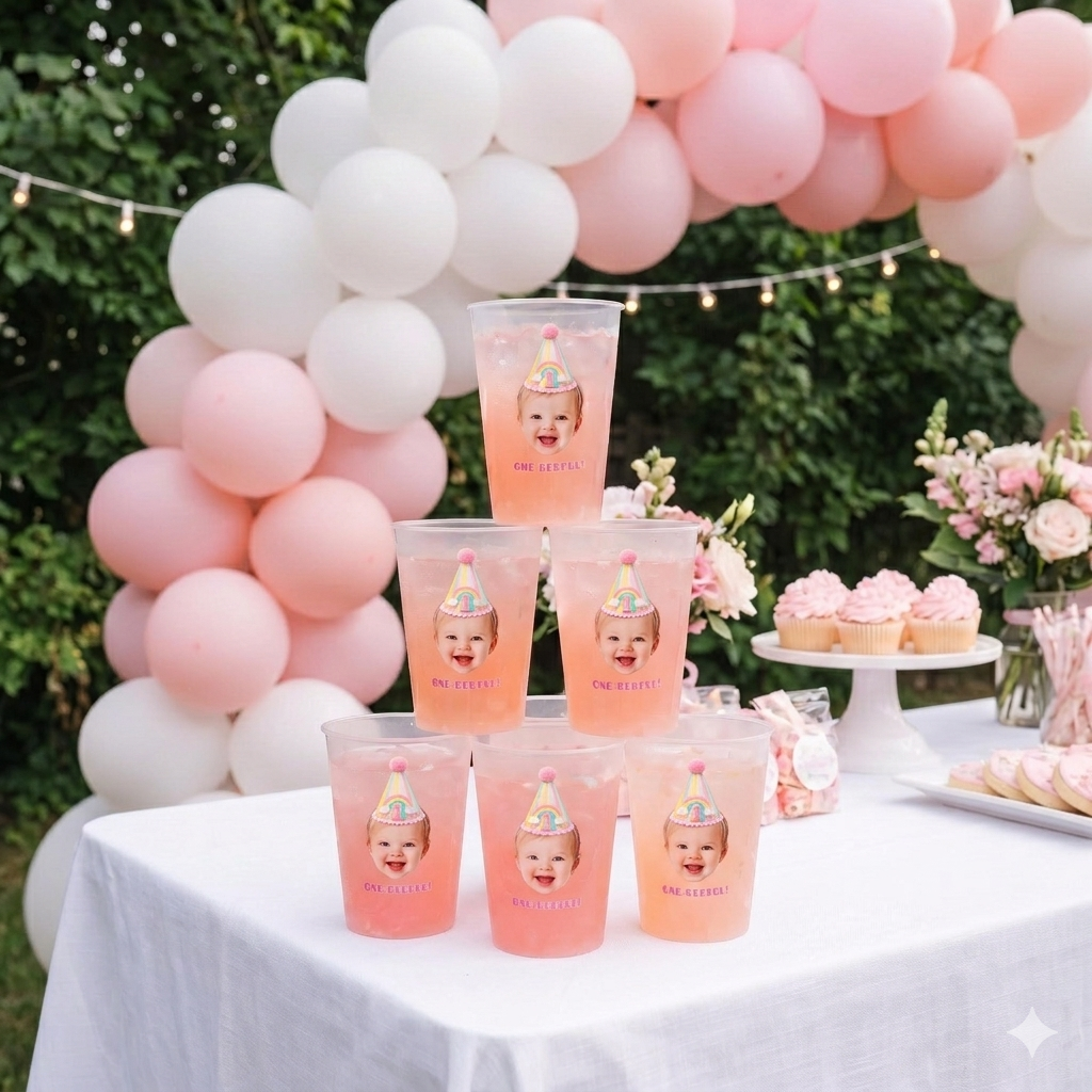 Personalized Plastic Cups with Faces | Personalized First Birthday Party Favors