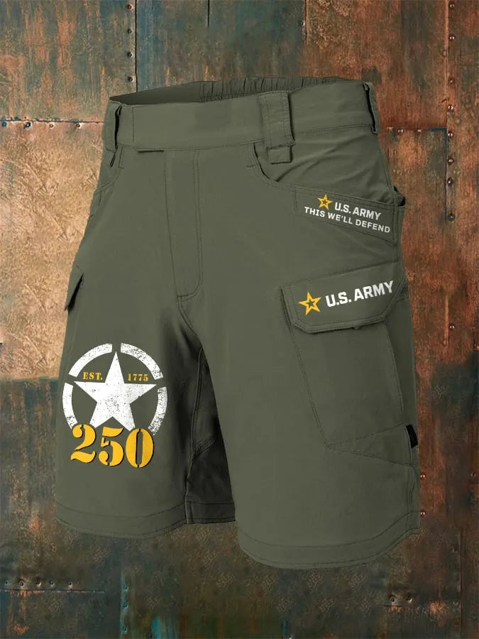 Man's Vintage U.S. Army 250th Anniversary This We'll Defend Est.1775 Print Cargo Shorts