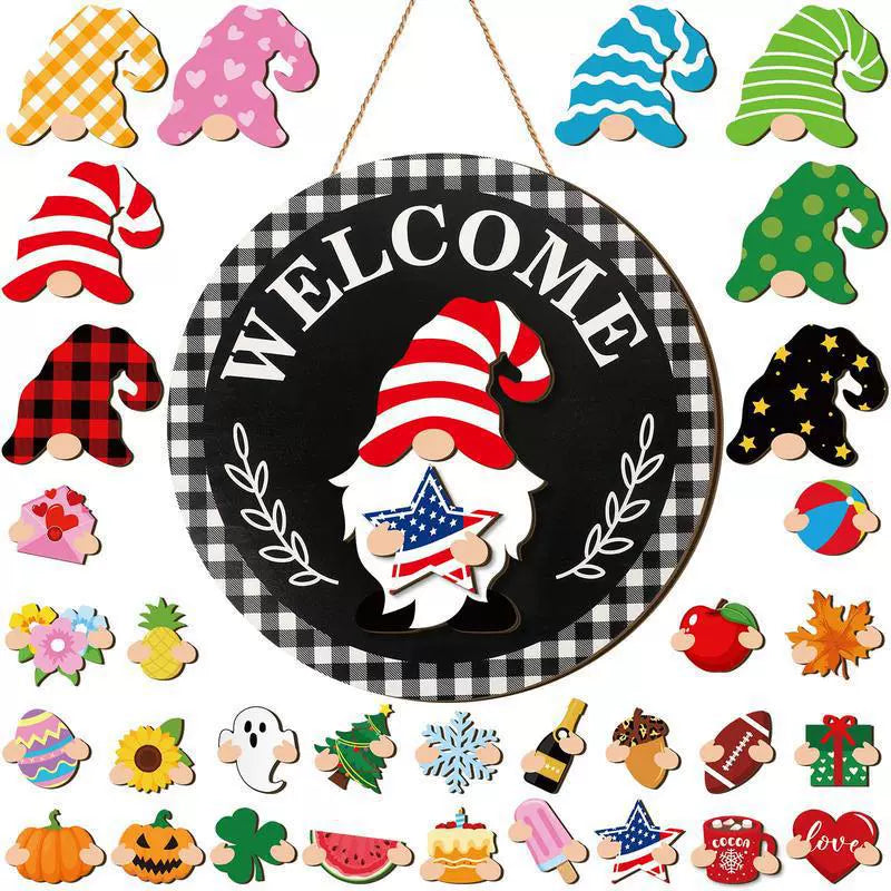 35pcs Highland Cow Sign Interchangeable Welcome Sign with Magnet Detachable Hats Accessories Cute Gnome Wooden Sign Hanging for Halloween Holiday Seasonal Decorations Birthday Party Home Wall Office Living Room Garden Farmhouse Porch