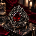 Gothic Marquise Crimson Gemstone Ring – Sculptural 925 Sterling Silver with Deep Red Center Stone, Filigree Scrolls & Pointed Gothic Arches