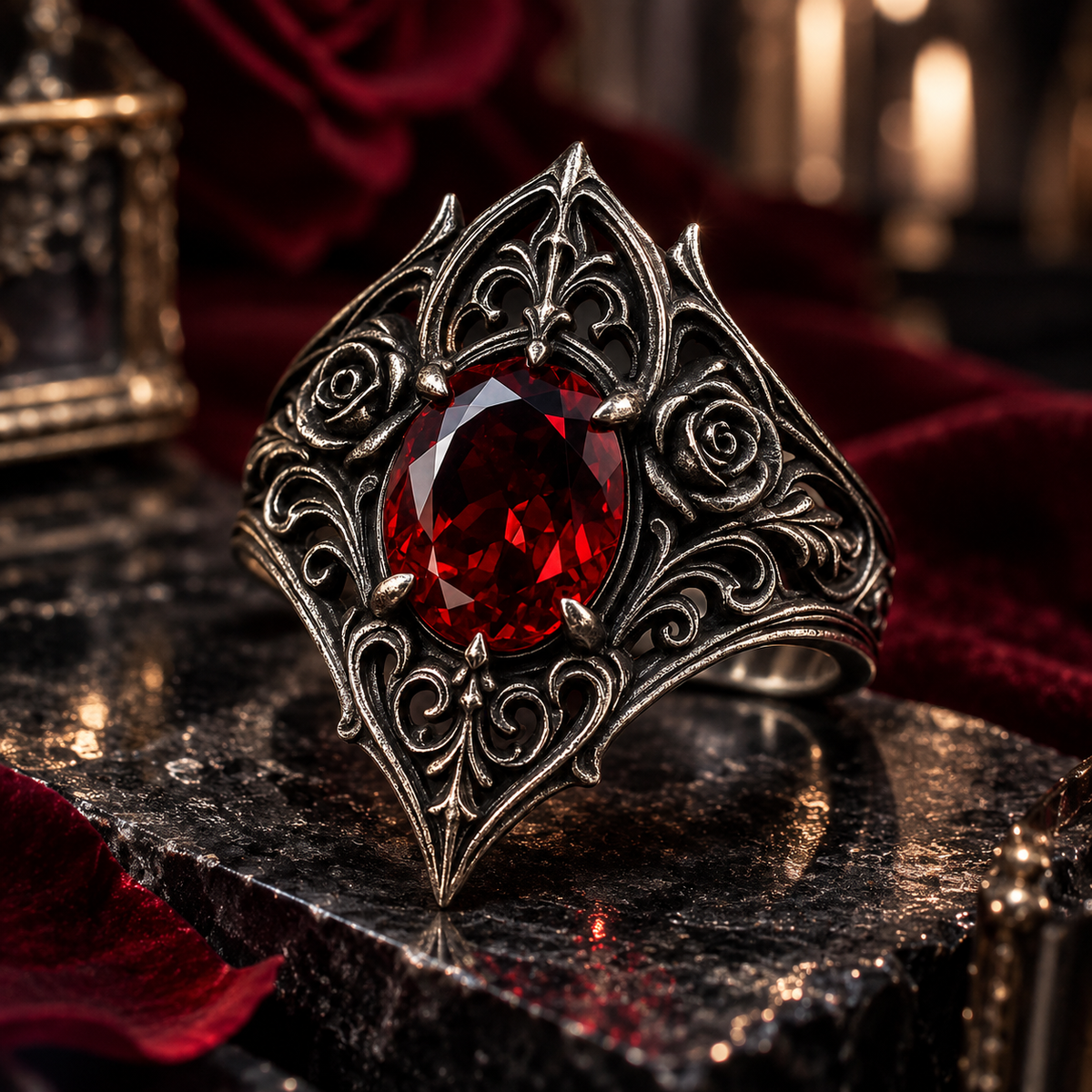 Gothic Marquise Crimson Gemstone Ring – Sculptural 925 Sterling Silver with Deep Red Center Stone, Filigree Scrolls & Pointed Gothic Arches