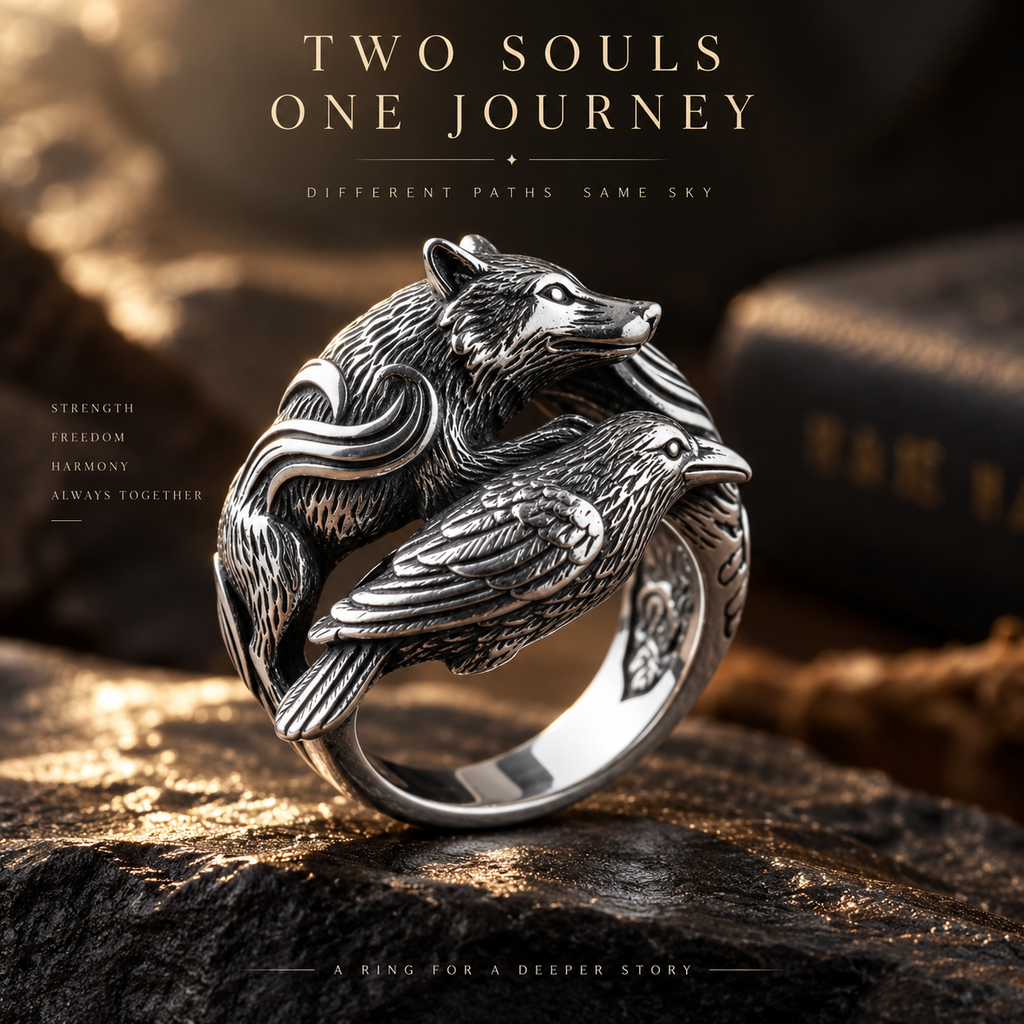 Bear & Raven Symbiosis Ring – Sculptural 925 Sterling Silver with Intricate Bear & Raven Narrative Carving