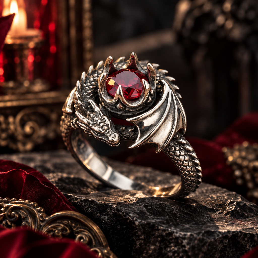 Wyvern Guardian Ruby Gemstone Ring – Sculptural 925 Sterling Silver with Winged Dragon, Claw Bezel & Ruby Red Center