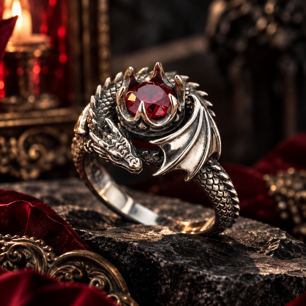 Wyvern Guardian Ruby Gemstone Ring – Sculptural 925 Sterling Silver with Winged Dragon, Claw Bezel & Ruby Red Center