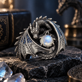Coiled Celestial Dragon Moonstone Ring – Sculptural 925 Sterling Silver with Coiled Dragon, Luminous Moonstone, Spread Wings & Blue Accents