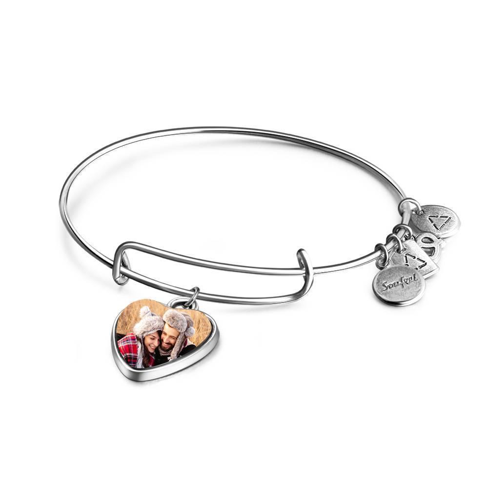 Engraved Complete Heart Photo Charm Bangle Special Alloy