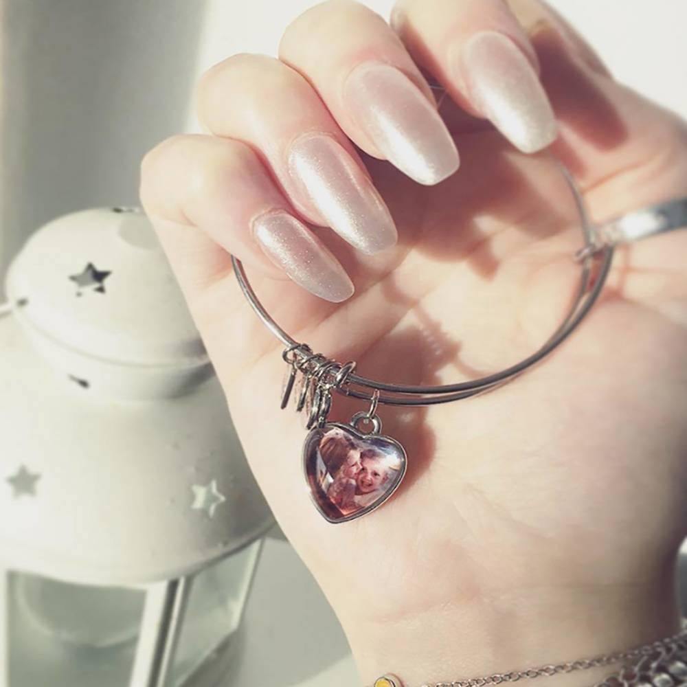 Engraved Complete Heart Photo Charm Bangle Special Alloy