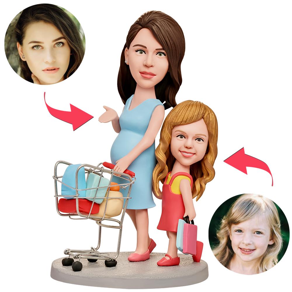 Pregnant Mom Taking Daughter Shopping Custom Bobblehead With Engraved Text