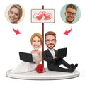 Wedding Couple Sitting Holding Laptop Custom Bobblehead with Engraved Text