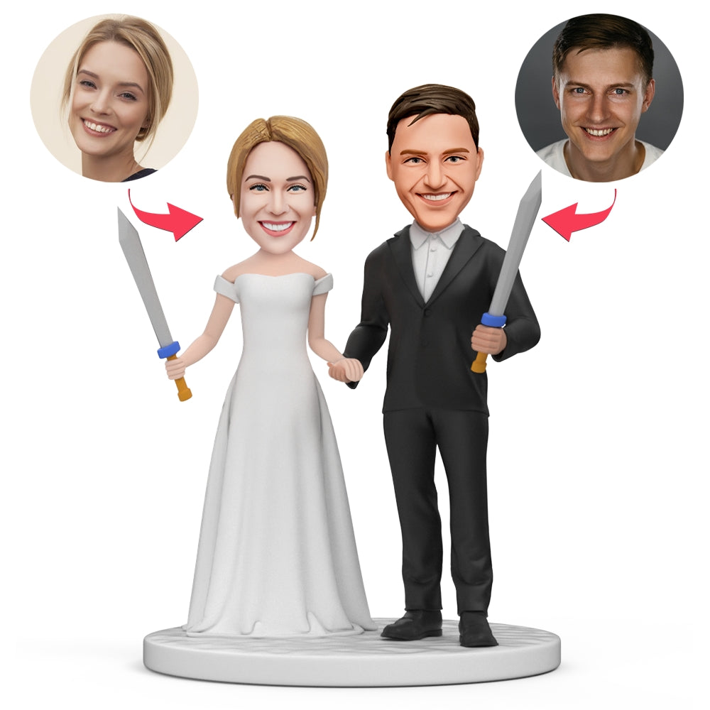Groom Bride Holding Sword Fighting Custom Bobblehead With Engraved Text