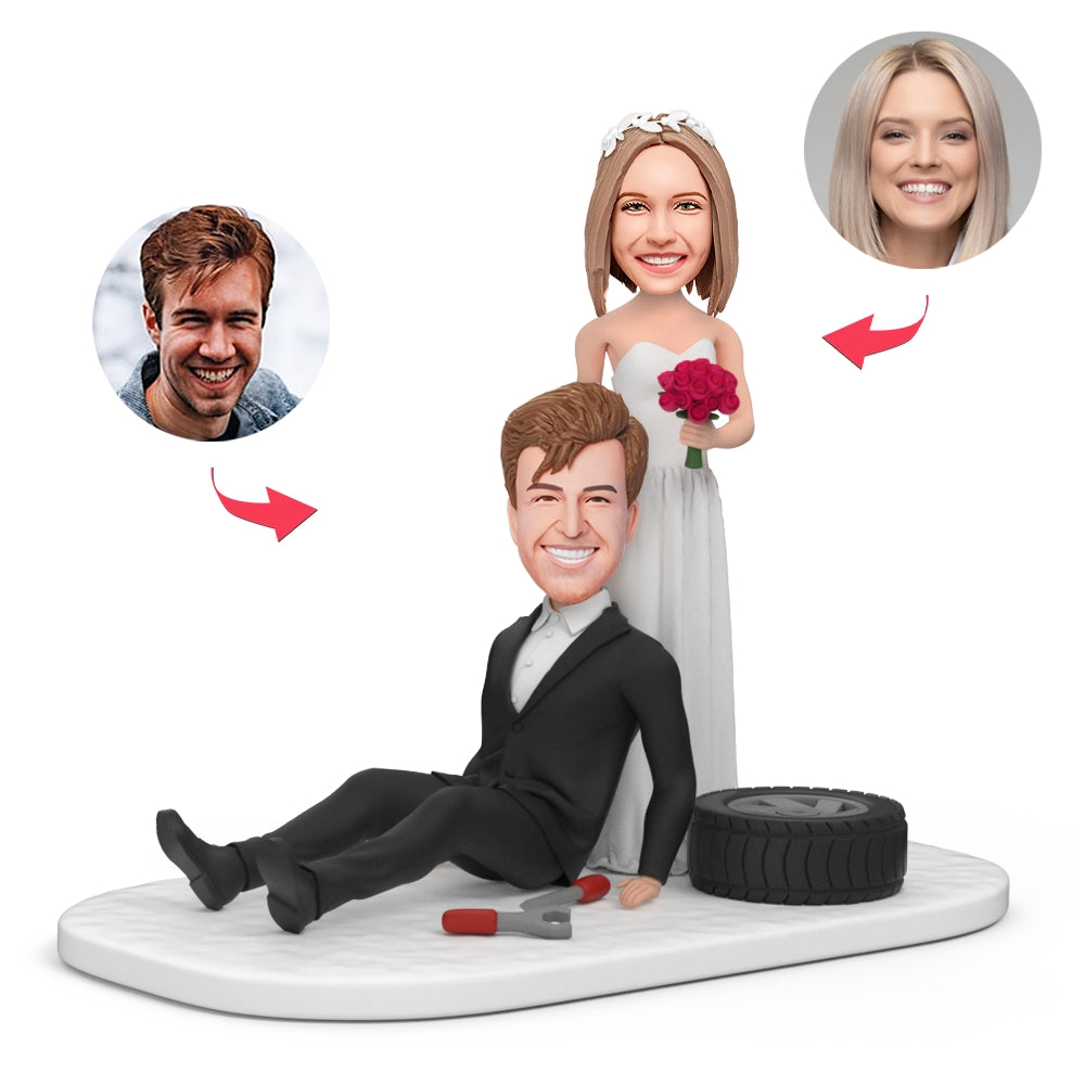 Groom Bride Sitting Tire Custom Bobblehead With Engraved Text